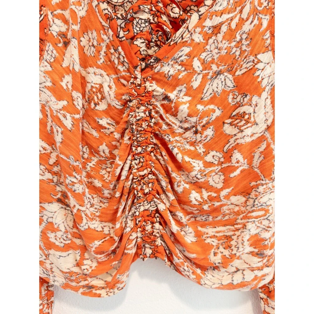 Free People Ruched Floral Top Womens M Boho Festival Hippie Peasant Cottagecore